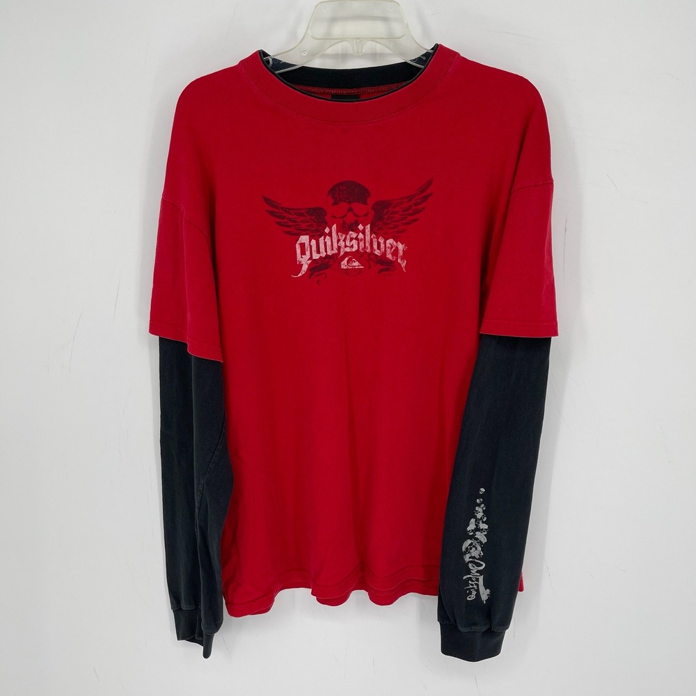 Quiksilver Men's Y2K Red Skulls Graphic Double Layer Long Sleeve T-Shirt Size L
